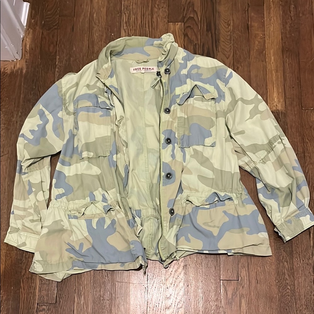 Free People Camouflage Jacket with Ruffle Details